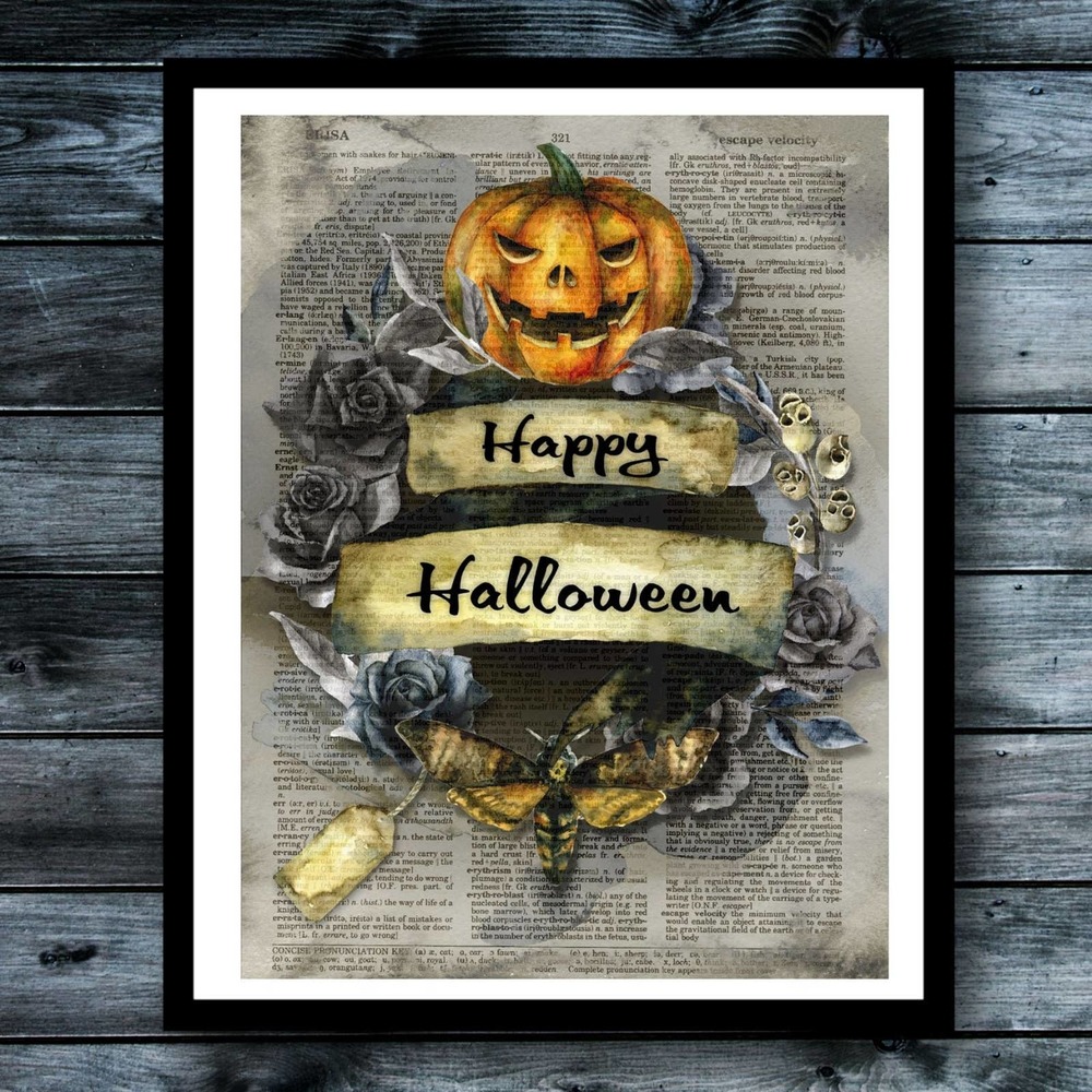 Happy Halloween Vintage Dictionary Art Print Dark Academia Skull Death Moth